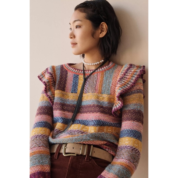 Anthropologie Sweaters - Anthropologie Pilcro Ruffle Multicolor Lalala Sweater Size Small
